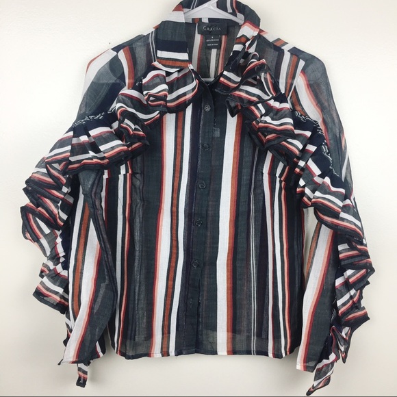 Gracia Ruffle linen sheer button up blouse M - Picture 2 of 5